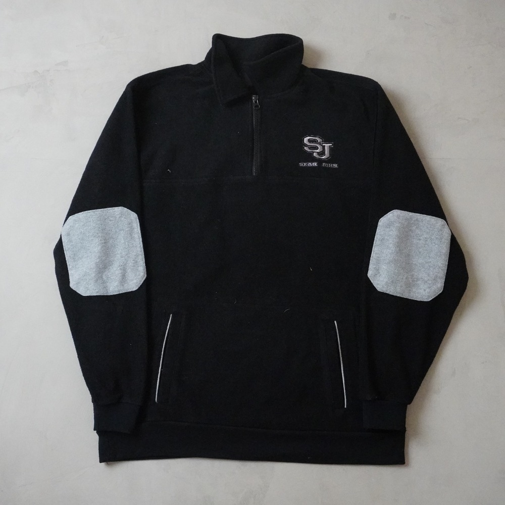 Vintage Sean John Fleece Pullover Medium Mens Black 1/4 Zip Elbow Patch Logo Y2K